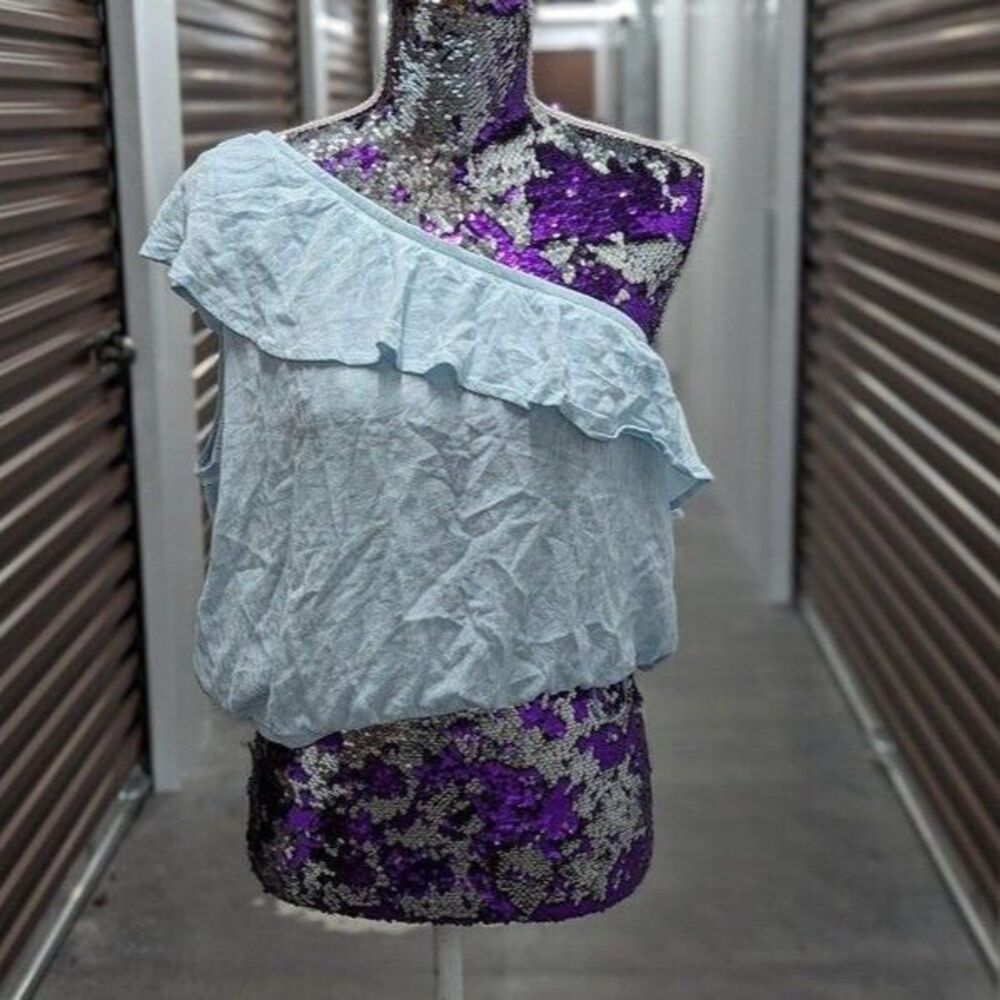 Hippie Rose Coquette Cottagecore Boho Blue XL One Shoulder‎ Flounce Crop Top